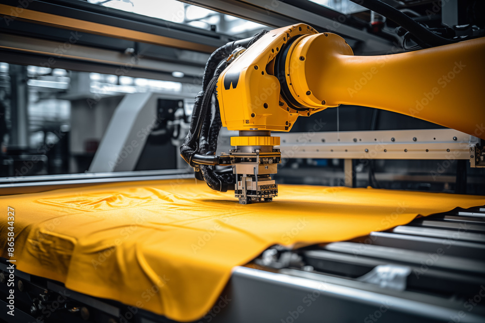 A robotic arm in a textile factory precisely cutting fabric patterns for clothing production A robotic arm in a textile factory precisely cutting fabric patterns for clothing production