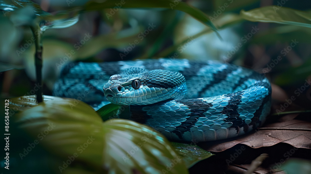 Fototapeta premium Blue viper snake closeup on branch with natural background, AI Generative