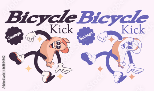 Groovy mascot artwork of a sausage performing a bicycle kick in a freestyle pose, complete with hand and foot gestures and a cheerful facial expression.