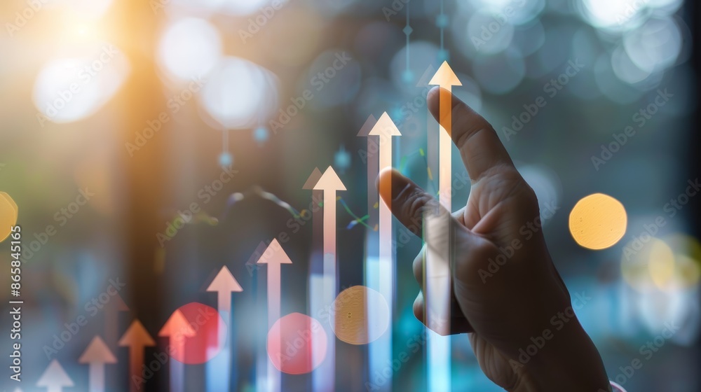 © admin_design - Hand pointing at upward arrow graph, symbolizing growth, success and positive trends in business or finance.