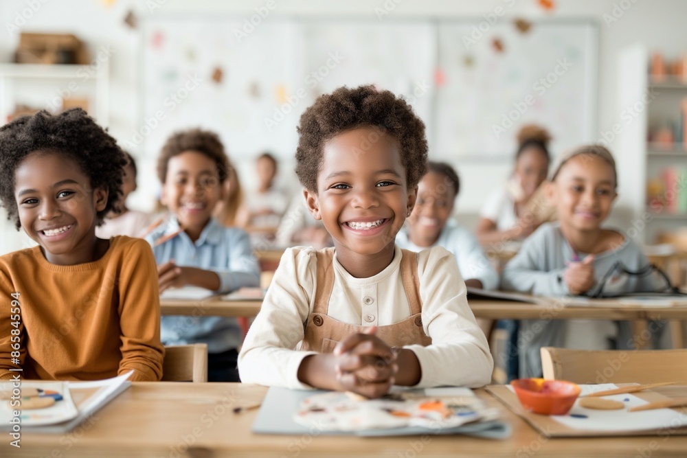 Cheerful Diverse Students Smiling in Classroom Setting Cheerful Diverse Students Smiling in Classroom Setting