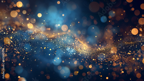 Abstract Dark Blue and Gold Particle Background with Christmas Bokeh Lights