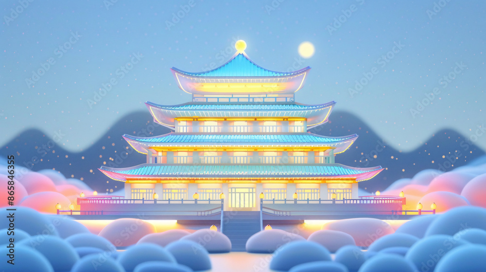 Fototapeta premium Luminous jade carving landscape ancient architecture palace illustration at night 