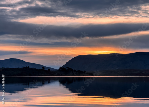 A beautiful sunrise on the shore at Lake Caviahue, Patagonia Argentina