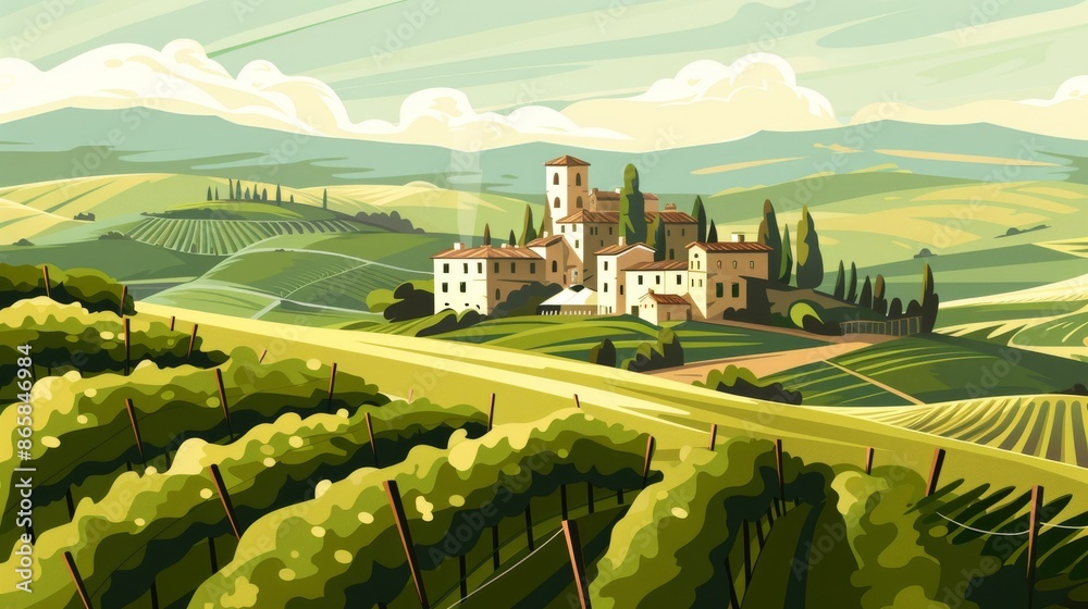 Naklejka premium Vineyards in Tuscany with hills and old buildings.