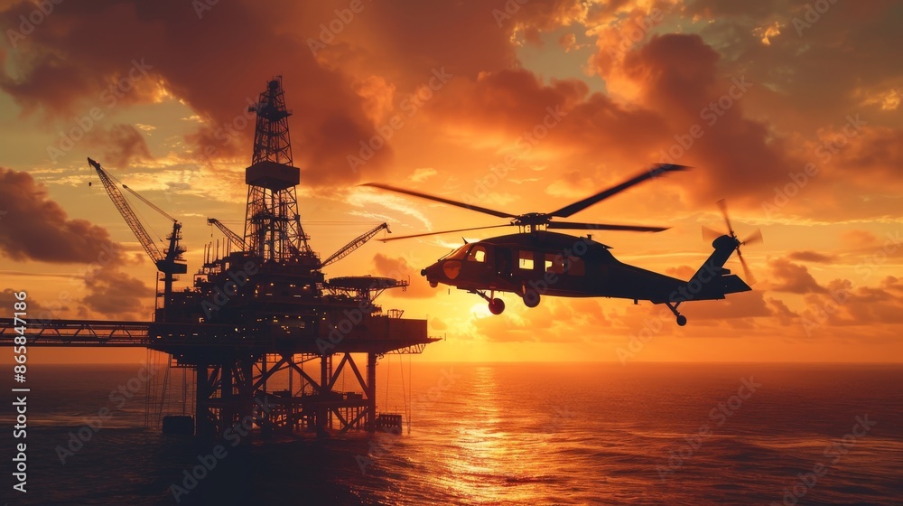 Helicopter landing on the deck of an oil and gas platform at sunrise. Helicopter landing on the deck of an oil and gas platform at sunrise.