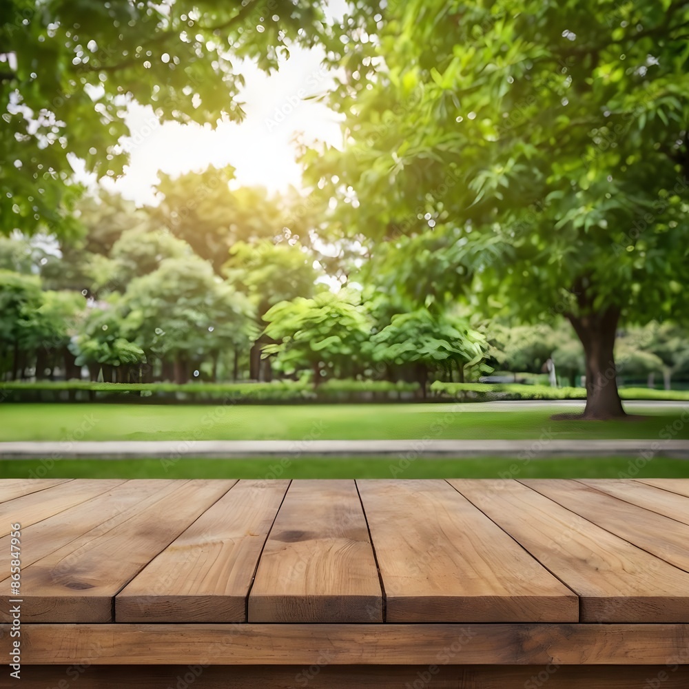 Empty wood table top and blurred green tree in the park garden background - can used for display or montage your products Generative AI 