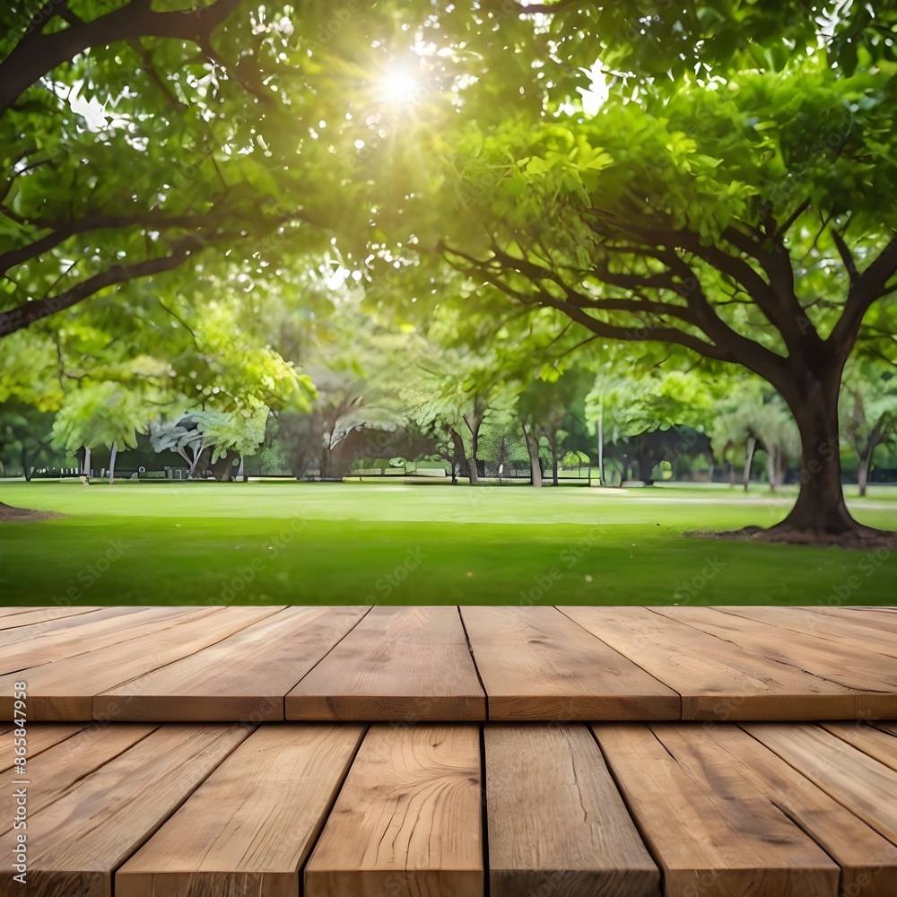 Empty wood table top and blurred green tree in the park garden background - can used for display or montage your products Generative AI Empty wood table top and blurred green tree in the park garden background - can used for display or montage your products Generative AI