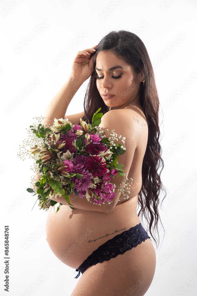 Pregnant portrait professional photo shoot pregnancy caucasian latin american woman big baby belly