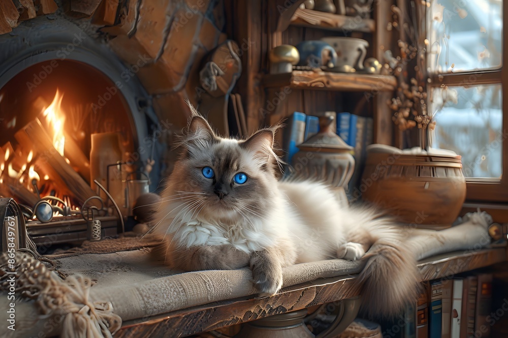 A soft, blue-eyed Ragdoll cat with a relaxed demeanor lying on a window ...