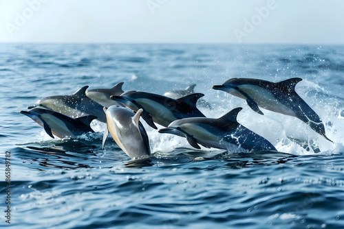 Pod of Dolphins leaping out of the Ocean. Wildlife, nature and marine life photography.