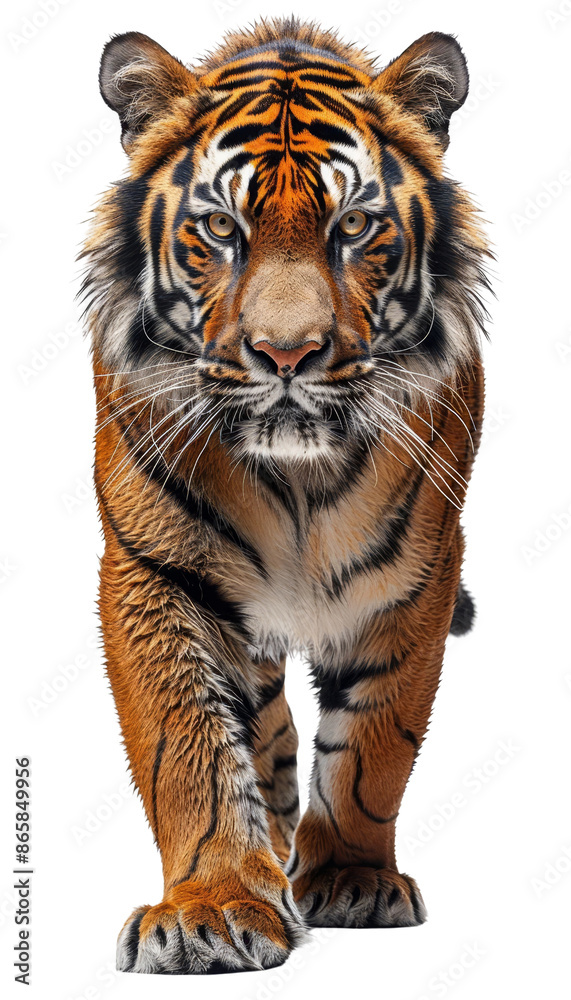 Obraz premium Close-up of a majestic tiger walking forward isolated on white background, showcasing its powerful stance and striking fur pattern.