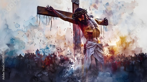 Emotionally Charged Crucifixion Scene with Wounded Savior in Watercolor photo