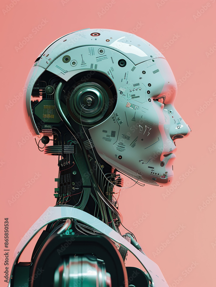 A profile of an AI robot head with circuitry visible against a pink background in a photo realistic style A profile of an AI robot head with circuitry visible against a pink background in a photo realistic style