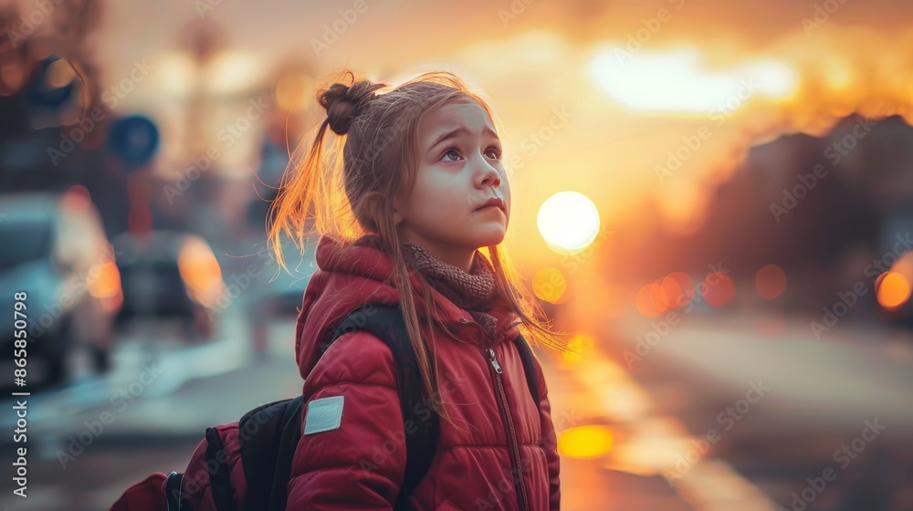 Fototapeta premium Adorable child walking home from school, cautiously checking before crossing at sunset