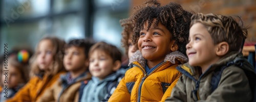Group of diverse children smiling outdoors in autumn jackets, showing joy and togetherness in a park setting.