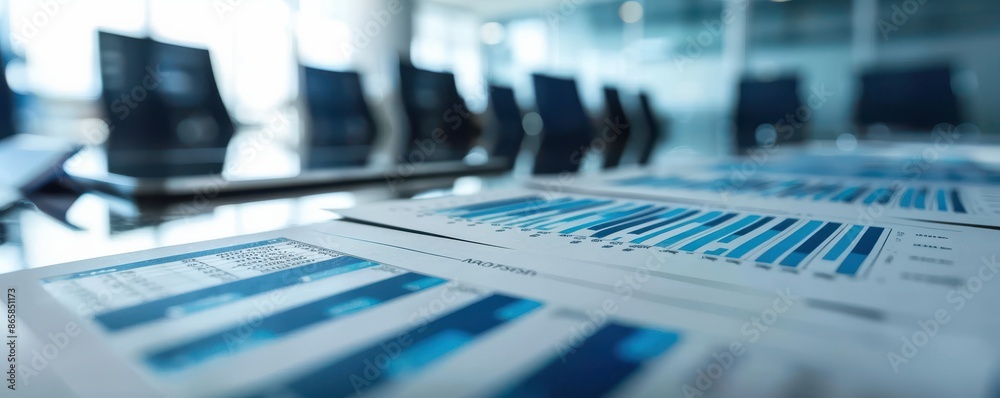 Business meeting room with blue charts and graphs on documents. Financial analysis and corporate planning in modern office setting. Business meeting room with blue charts and graphs on documents. Financial analysis and corporate planning in modern office setting.