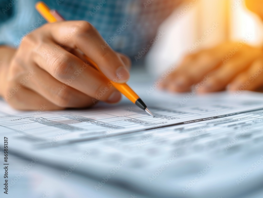 Close-up of a person filling out financial documents with a yellow pencil, focusing on the hand and paper, representing business and finance. Close-up of a person filling out financial documents with a yellow pencil, focusing on the hand and paper, representing business and finance.