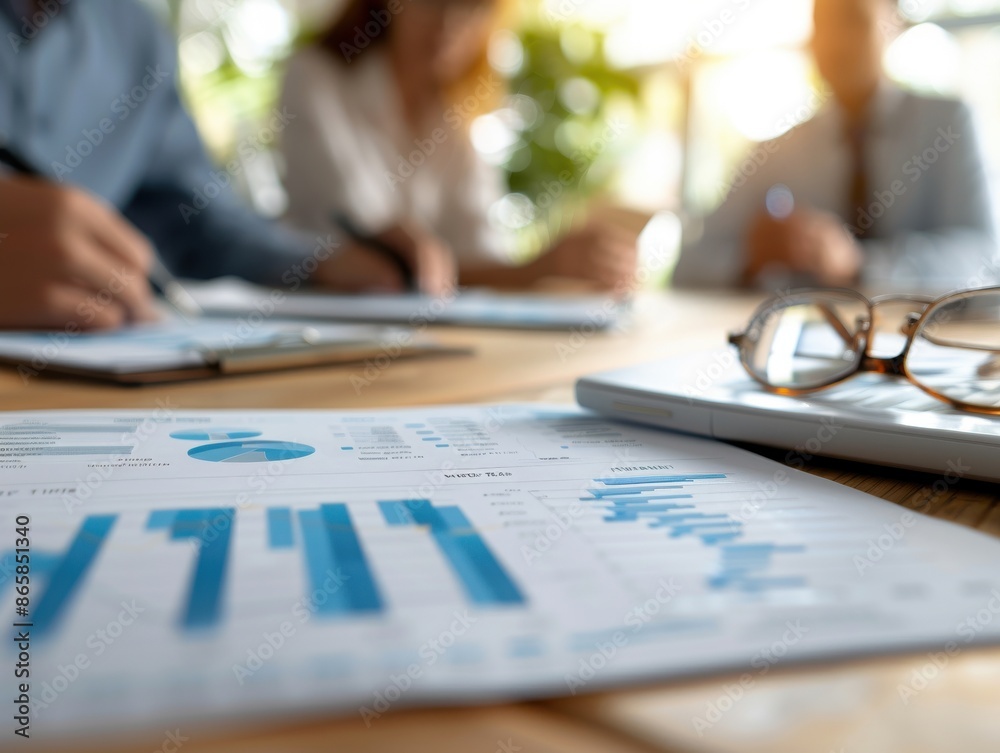 Close-up of business reports and glasses on a table with people discussing in the background in a modern office setting. Close-up of business reports and glasses on a table with people discussing in the background in a modern office setting.