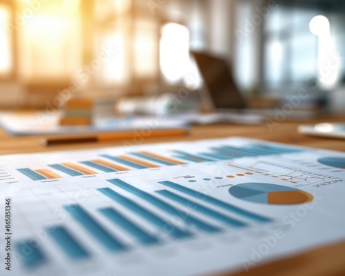 Close-up of business graphs and charts on a desk in a modern office with natural light, illustrating financial analysis and statistical data.