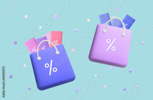 Flying bag with coupons. Delivery of promotional offer, low interest rates. Vouchers with profitable bonuses, gift coupons in a shopping bag. Online shipping, sale with discounts. Low interest. Vector