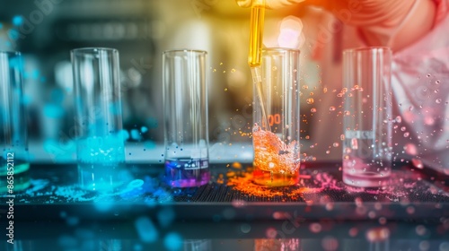 Colorful laboratory scene with beaker and test tubes, showcasing scientific experimentation and chemical reactions.