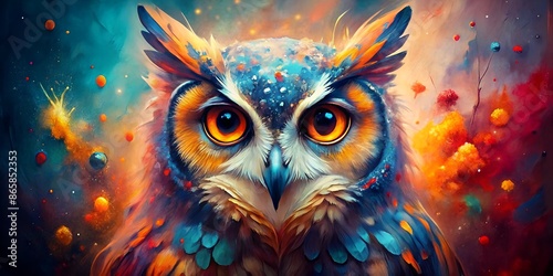 Abstract Owl Portrait with Vivid Double Exposure Paint