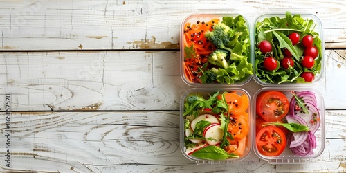 Healthy food containers on white wooden background with copy space. Concept Food Containers, Healthy Eating, Kitchen Organization, Meal Prep, White Wooden Background photo