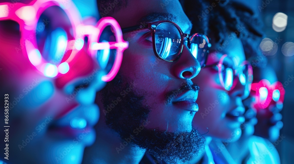 Close-up of individuals wearing neon glasses, illuminated by vibrant lights, portraying a modern and futuristic vibe, focused and stylish. Close-up of individuals wearing neon glasses, illuminated by vibrant lights, portraying a modern and futuristic vibe, focused and stylish.