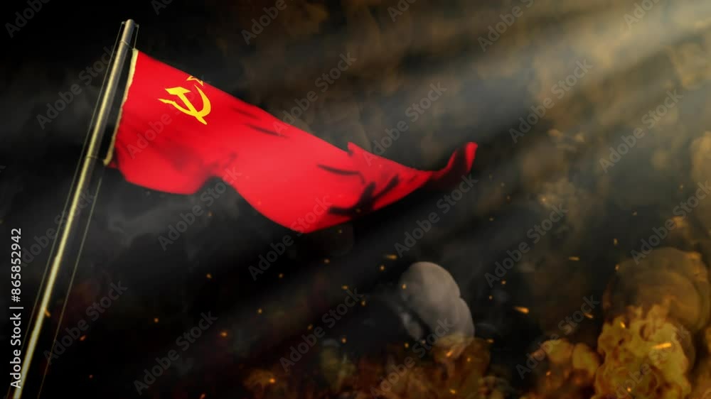 waving Soviet Union (USSR, SSSR) flag on smoke and fire with sun beams - disaster concept