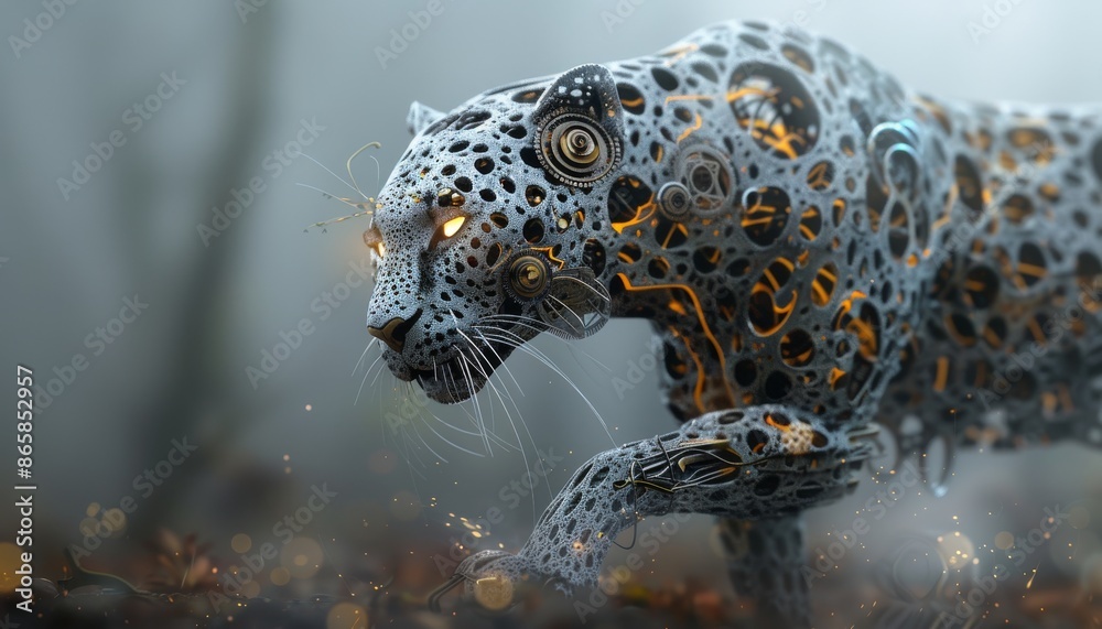 Fototapeta premium Mechanical Leopard in the Fog