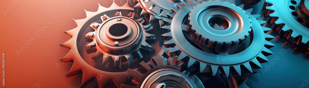 Close-up of interlocking gears with a vibrant gradient background representing teamwork, industry, and mechanical precision. Close-up of interlocking gears with a vibrant gradient background representing teamwork, industry, and mechanical precision.