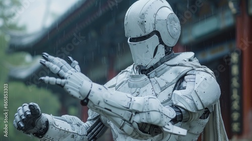 A robot kung fu master harnessing the energy of a lightning storm while practicing martial arts