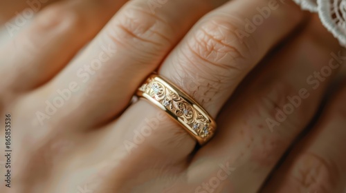 A bride admiring her elegant gold wedding band, with delicate engraving and diamonds. 