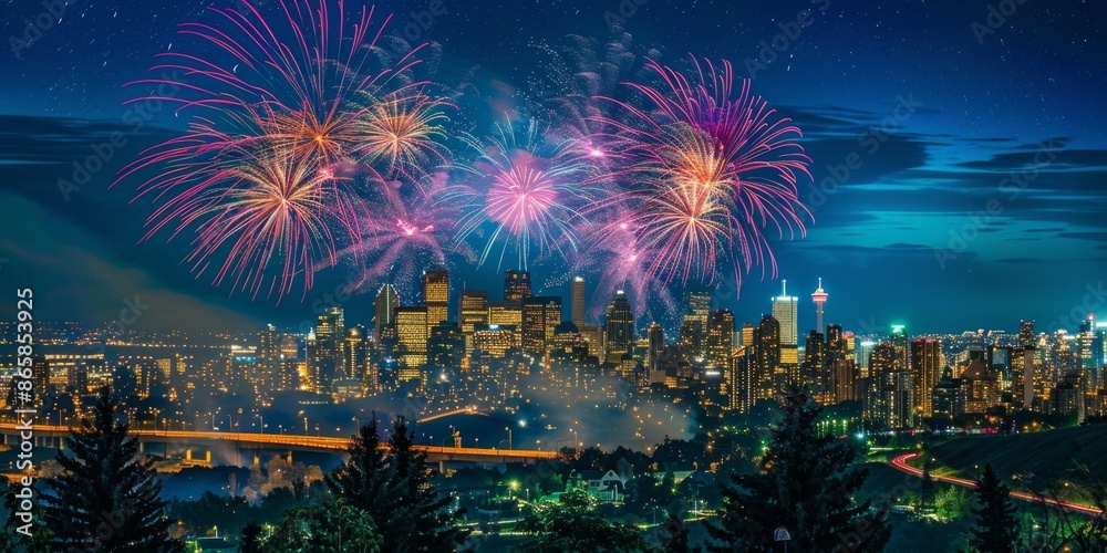 Obraz premium Spectacular Canada Day Fireworks Display Illuminating the Night Sky with Maple Leaf Patterns and City Skyline, Celebrating National Pride and Festive Atmosphere, AI-Generated High-Resolution Wallpaper