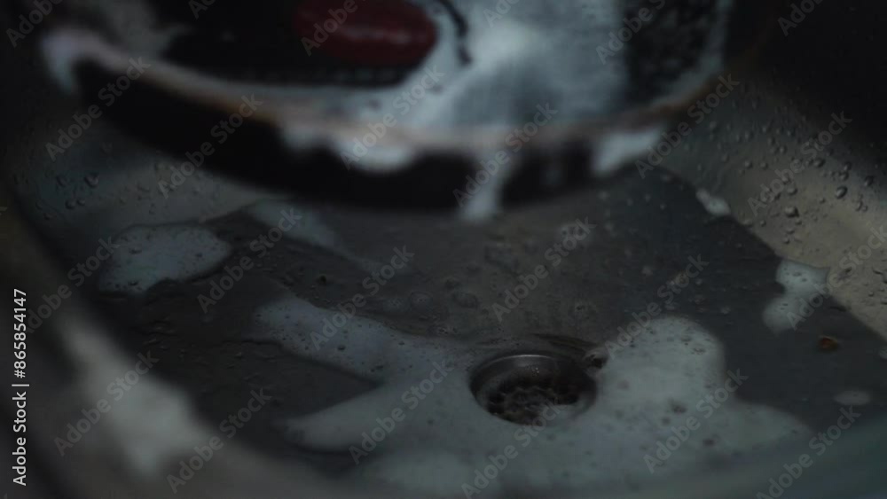 Washing off food residue and grease from the pan with a yellow sponge and dishwashing detergent that creates white foam over kitchen metal sink closeup. Stock ビデオ | Adobe Stock