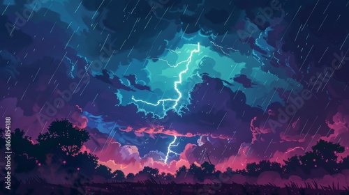Summer thunderstorm with dramatic lightning and heavy rain in atmospheric weather event