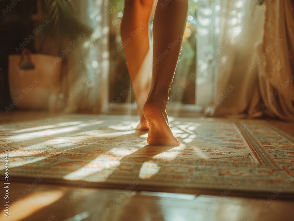 Close-up of woman's legs and feet standing on a patterned rug with sunlight streaming through a window, creating a warm and serene atmosphere. Close-up of woman's legs and feet standing on a patterned rug with sunlight streaming through a window, creating a warm and serene atmosphere.