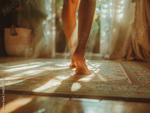 Close-up of woman's legs and feet standing on a patterned rug with sunlight streaming through a window, creating a warm and serene atmosphere.