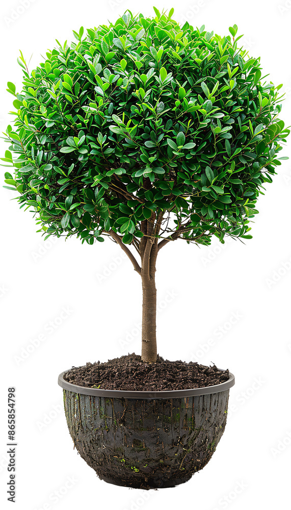 Potted round topiary tree with green foliage isolated on white background. Ideal for garden, landscaping, and interior decor projects. Potted round topiary tree with green foliage isolated on white background. Ideal for garden, landscaping, and interior decor projects.