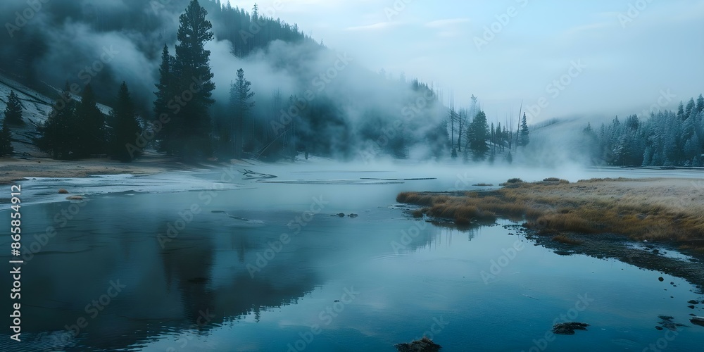 Fototapeta premium Morning mist at Yellowstone National Park with geothermal features like geysers and hot springs. Concept Yellowstone National Park, Morning Mist, Geothermal Features, Geysers, Hot Springs