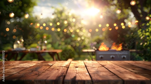 Summer backyard bbq party with grill, wooden table, and blurred garden background