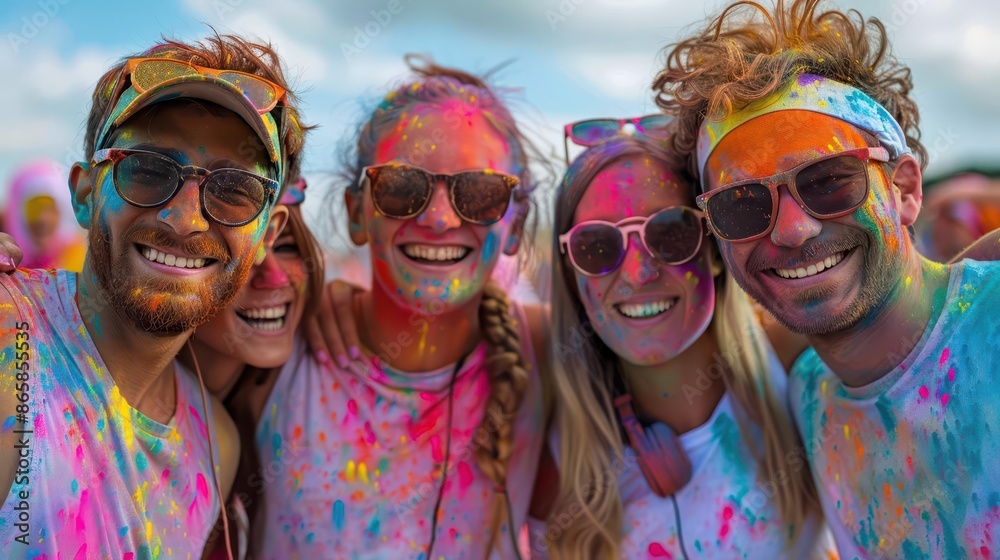 Group of friends participating in a color run, vibrant powders and happy faces, Cheerful friends, Energetic fun Group of friends participating in a color run, vibrant powders and happy faces, Cheerful friends, Energetic fun