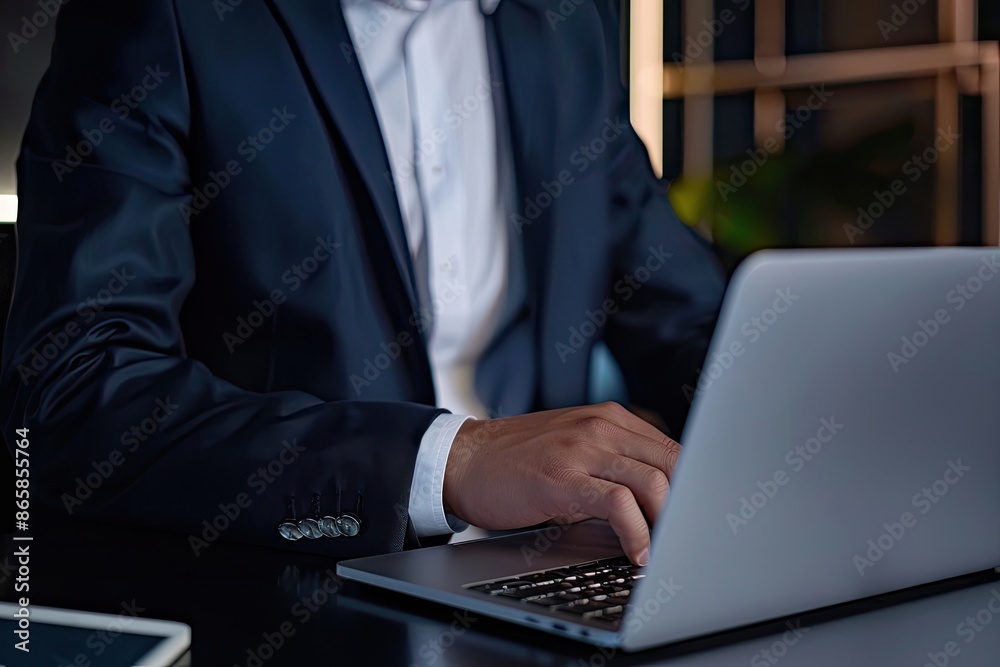 Close-up of businessman working on laptop computer on wooden desk in modern office Close-up of businessman working on laptop computer on wooden desk in modern office