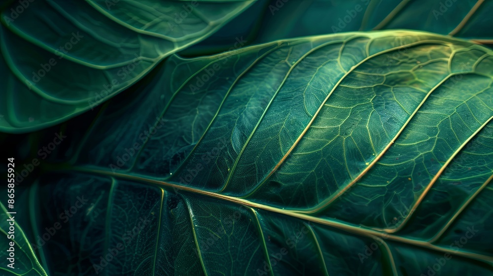 Closeup leaf texture. Green tropical plant close