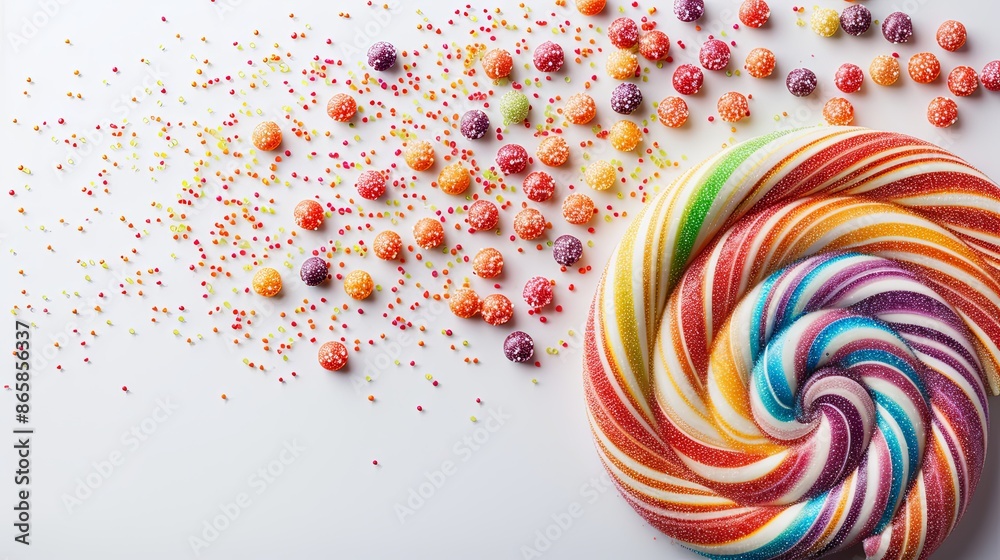 Fototapeta premium Swirl lollipop with colorful candies scattering in high-speed motion