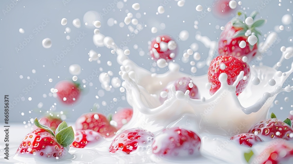 Fototapeta premium Strawberries splashing into milk with droplets and motion blur