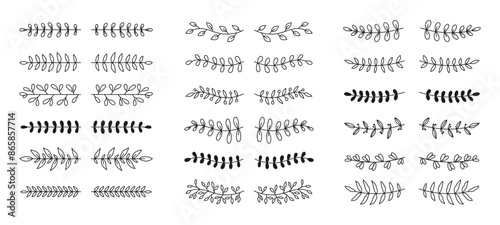 Set of doodles with laurel and floral text dividers. Branches, ornamental divider, borders, lines. Hand drawn vector illustration on white background