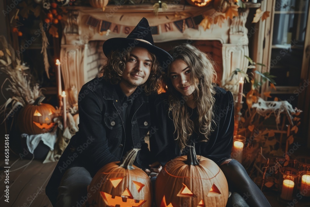 Fototapeta premium Couple Posing With Jack OLanterns In Front Of A Fireplace For Halloween