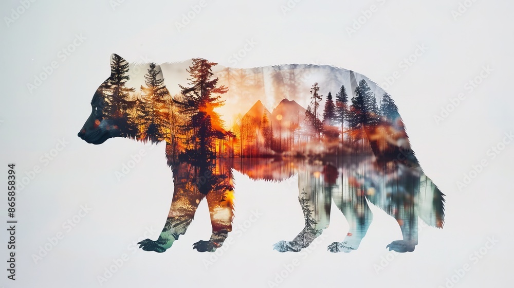Double exposure of a bear silhouette with a forest landscape, featuring trees and a sunset. Creative nature art. Double exposure of a bear silhouette with a forest landscape, featuring trees and a sunset. Creative nature art.
